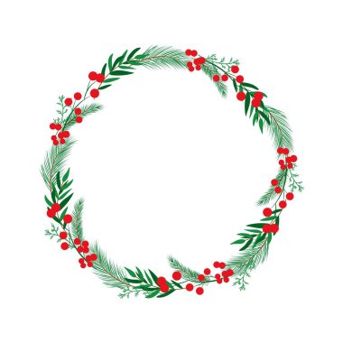 Beyaz arka planda izole edilmiş çiçek çelenklerinin Noel vektör çizimi. Mevsim tebrik kartının çember çerçevesi.