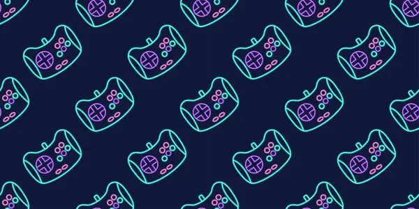 Vektör neon parlaklığı oyunu denetleyici oyun alanı dikişsiz desen. Gece karanlığında renk çizgisi joystick elementinin düz şekli. Oyuncu aygıtı arkaplanı.