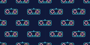 Vektör neon parlaklığı oyunu denetleyici oyun alanı dikişsiz desen. Gece karanlığında renk çizgisi joystick elementinin düz şekli. Oyuncu aygıtı arkaplanı.