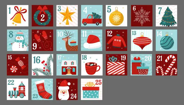 Noel Baba, Kardan Adam, şekerler, hediyeler, Noel ağacı, dekoratif balolar. Geri sayım tatil takvimi. Aralık 'ta festival etkinliği xmas.