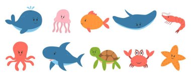 Balina Köpekbalığı Balık Kaplumbağa Yengeci ve Denizyıldızlı Şirin Deniz Hayvanları seti beyaz arka planda mutlu yüzlerle izole edildi.