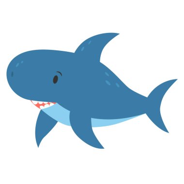 Beyaz arka planda izole edilmiş mutlu bir yüzü olan vektör dostu mavi karikatür köpekbalığı.