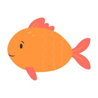 Gülen yüzlü şirin turuncu karikatür balığı beyaz arka planda neşeli düz bir şekilde izole edilmiş.