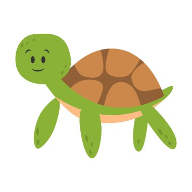 Beyaz arka planda izole edilmiş mutlu yüzlü yeşil karikatür deniz kaplumbağası.