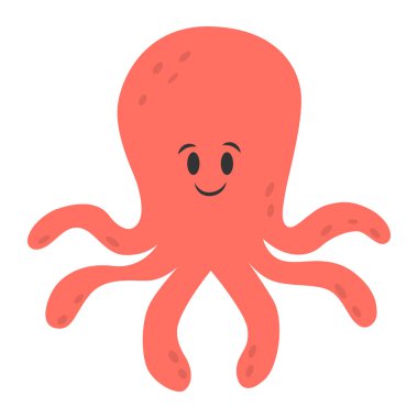 Beyaz arkaplanda düz bir şekilde izole edilmiş gülen yüzlü kırmızı ahtapot vektörü