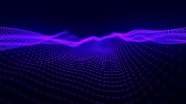 Parçacık dalgası. Karanlık bir arka planda fütüristik noktalı dalga. Büyük veri dijital kodu. Teknolojik ya da bilimsel afiş. 3 boyutlu görüntüleme. 4k animasyon.