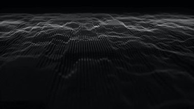 Dinamik dalgalı soyut bir arkaplan. Gelecekçi nokta dalgası. Ses dalgası görüntüsü. Büyük veri görselleştirmesi. 4k animasyon. 3d oluşturma.