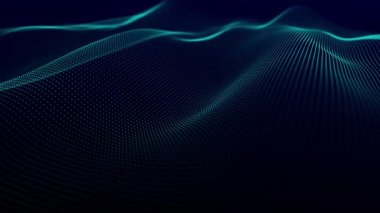 Parlayan parçacıkların dinamik dalgası. Veri akışı bilgisi. Dijital iletişim kavramı. Büyük veri görselleştirmesi. 3 boyutlu görüntüleme. 4k animasyon.