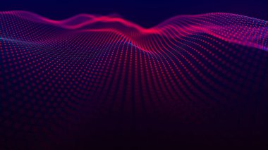 Parçacık dalgası. 3 boyutlu dalga. Soyut dijital manzara. Teknoloji geçmişi. 3B illüstrasyon.