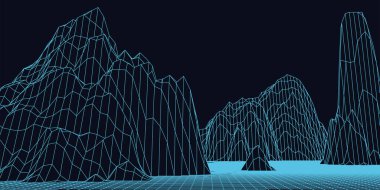 Abstract 3d wireframe landscape grid with text on color background. Vector illustration