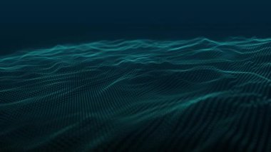 Parlayan parçacıkların dinamik dalgası. Veri akışı bilgisi. Dijital iletişim kavramı. Büyük veri görselleştirmesi. 3 boyutlu görüntüleme. 4k animasyon.