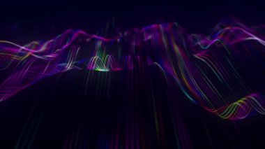 Dynamic wave of glowing particles. Abstract digital background. Data flow information. Concept of digital communication. Big data visualization. 3D rendering. 4k animation.