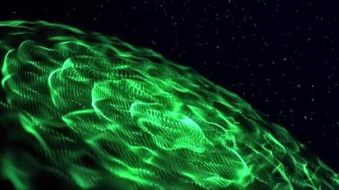 Veri akışı bilgisi. Dijital iletişim kavramı. Dijital veri akışı. Parlayan parçacıkların dinamik dalgası. 3 boyutlu görüntüleme. 4K Yüksek.