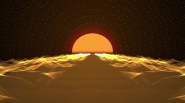 Retro dalga 80 'ler, 90' lar tarzı görüntüler. Güzel gün batımı. Parlayan Dijital Kablo Ağı. Üç boyutlu çizim. Yıldızlı gökyüzü. 4K içinde Retro klip.