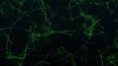 Ağ bağlantısı yapısı. Büyük veri. Noktalar ve doğrular birleştiriliyor. Soyut teknoloji geçmişi. 3D görüntüleme. 4k animasyon.