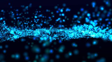 Parçacık dalgası. 3 boyutlu dalga. Soyut dijital manzara. Teknoloji geçmişi. resimleme.