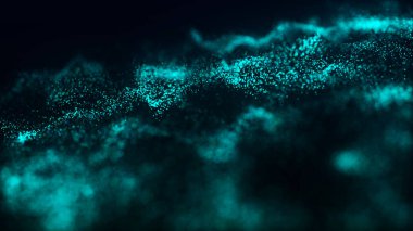 Parçacık dalgası. 3 boyutlu dalga. Soyut dijital manzara. Teknoloji geçmişi. resimleme.