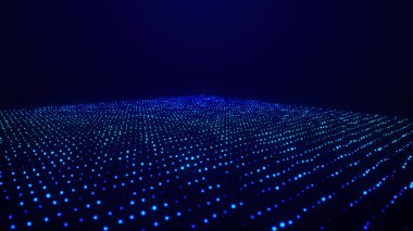 Parçacık dalgası. 3 boyutlu dalga. Soyut dijital manzara. Teknoloji geçmişi. resimleme.