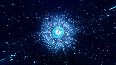 Abstract futuristic glowing with yellow light round sphere space star. Big data visualization. Abstract motion background shining particles, stars, magic dust flow in space. 3D rendering