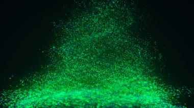 Particle tornado, motion Background. Abstract background with connecting dots. Vortex. Whirlpool bright of mixed particles of, flying on dark background. Dynamic bright particles of, randomly rotate, swirl, float in the air. 3D rendering