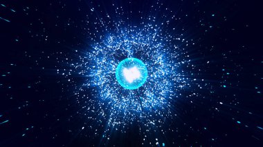 Abstract futuristic glowing with yellow light round sphere space star. Big data visualization. Abstract motion background shining particles, stars, magic dust flow in space. 3D rendering