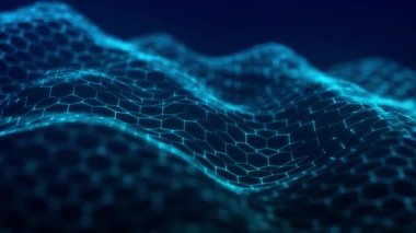 Geleceğin altıgen arka planı. Gelecekçi bal peteği konsepti. Parçacık dalgası. 3 boyutlu görüntüleme. Veri teknolojisi geçmişi. 4k animasyon.