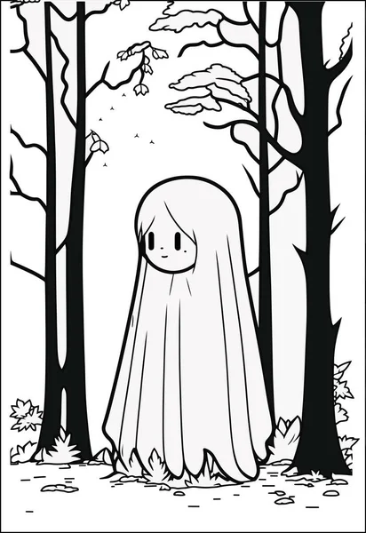 ベクトル幸せなかわいい幽霊 ハロウィンだ ベクター ドローイング 漫画悲しいキャラクター小さなゴーストラインアートぬりえ本黒と白のイラスト — ストックベクタ