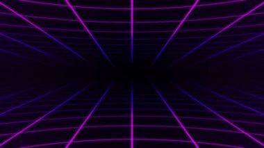 Soyut retro-sentetik dalga ızgarası animasyon arka plan 3D canlandırması. Ekrandan uzaklaşan parçacıklar ile ızgara hareketi tasarımı döngüsü. 3 boyutlu görüntüleme. 4k animasyon.