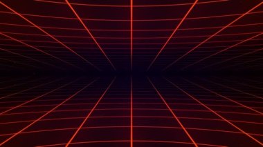 Soyut retro synthwave ızgara döngüsü animasyon arkaplan 3D canlandırma. Ekrandan uzaklaşan parçacıklar ile ızgara hareketi tasarımı döngüsü. 3d canlandırma 4k canlandırması