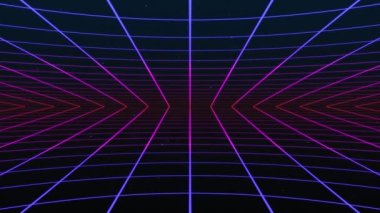 Soyut retro-sentetik dalga ızgarası animasyon arka plan 3D canlandırması. Ekrandan uzaklaşan parçacıklar ile ızgara hareketi tasarımı döngüsü. 3d canlandırma 4k canlandırması