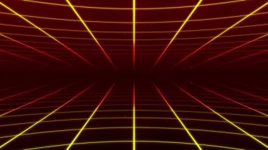 Soyut retro synthwave ızgara döngüsü animasyon arkaplan 3D canlandırma. Ekrandan uzaklaşan parçacıklar ile ızgara hareketi tasarımı döngüsü. 3 boyutlu görüntüleme. 4k animasyon.