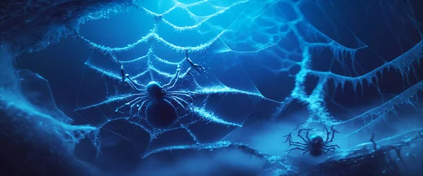 Spider and cobweb background. Spiders on the web sit in their lair. Halloween symbol isolated on blue illustration