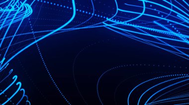 Parlayan parçacıkların dinamik dalgası. Veri sıralaması. Soyut dijital arkaplan. Büyük veri görselleştirmesi. Teknoloji çizimi. 3d oluşturma