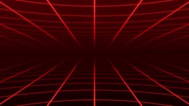 Soyut retro synthwave ızgara döngüsü animasyon arkaplan 3D canlandırma. Ekrandan uzaklaşan parçacıklar ile ızgara hareketi tasarımı döngüsü. 3 boyutlu görüntüleme. 4k animasyon.