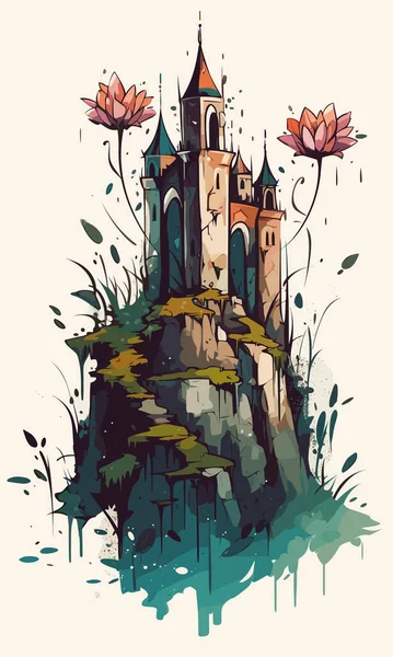 Средневековый Фантастический Замок Карикатурный Замок Холме Пейзаж Королевства Фей Средневековый — стоковый вектор