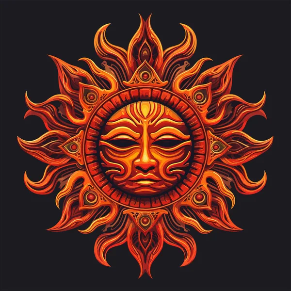 Karanlık bir arka planda soyut Maya antik güneş sembolü. Karanlık arka planda gerçekçi güneş ikonu tasarımı. Vektör illüstrasyonu
