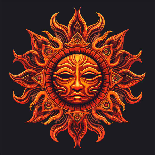 Abstract stylized Mayan ancient sun symbol on a dark background. Realistic sun icon design on dark background. Vector illustration