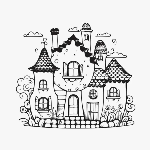 Черно Белая Иллюстрация Дома Линейные Иллюстрации Отпечатков Открыток Текстиля Смешная — стоковый вектор