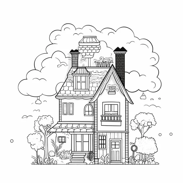 Zwart Wit Illustratie Van Een Huis Lijnillustratie Voor Prints Kaarten — Stockvector