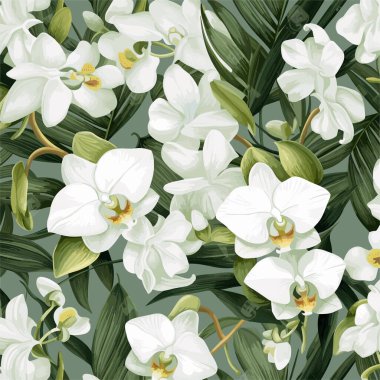 Tropik çiçeklerle kusursuz desen. Çiçekli arka plan, lüks duvar kağıdı. Yeşil yapraklar. Basılabilir modern sanat, şık. Detaylı renkli grafik botanik elementler. Vektör illüstrasyonu