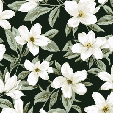 Tropik çiçeklerle kusursuz desen. Çiçekli arka plan, lüks duvar kağıdı. Yeşil yapraklar. Basılabilir modern sanat, şık. Detaylı renkli grafik botanik elementler. Vektör illüstrasyonu