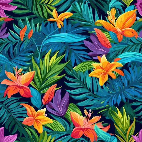 Płynny Wzór Tropikalnymi Kwiatami Szczegółowe Kolorowe Graficzne Elementy Botaniczne Egzotyczne — Wektor stockowy