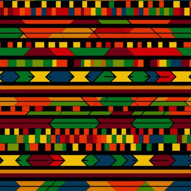 Kente törensel kumaş deseni. Afrika dekoratif tekstil arka planı kırmızı, yeşil ve sarı renkte. Afrika Ganası geleneksel çok renkli arka plan. Vektörsüz Desen