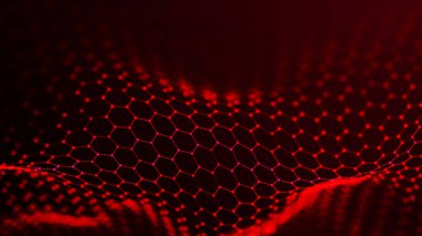 Geleceğin altıgen arka planı. Gelecekçi bal peteği konsepti. Parçacık dalgası. Veri teknolojisi geçmişi. 3B görüntüleme.