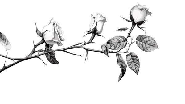 Rose flower and leaves pattern. Botanical rose, branch. Black ink on a white background. Great for tattoo, invitations, greeting cards, decor. Vector illustration