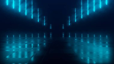 Karanlık bir arka plan ve yansıtıcı beton zemin üzerinde parlak renkli bir neon ışıklı figürün gelecekteki bilim kurgu soyutlaması. Modern lazer grunge. 3 Boyutlu resimleme