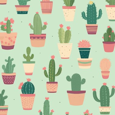 Kaktüslü şirin yaz temalı dikişsiz desen. Çeşitli kaktüslerle desen. Moda pastel renkler. Egzotik parmak izi. Kumaş ve ambalaj tasarımı. Vektör illüstrasyonu