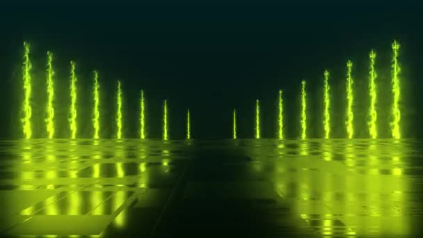 暗い背景と反射コンクリートフロアに明るく着色されたネオンライトの未来的なSf抽象化 現代レーザーグラウンジ 3Dレンダリングイラスト 4Kについて — ストック動画
