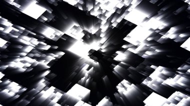 Soyut şablon, kusursuz mozaik arka plan. Soyut teknoloji arka planı, bilgisayar tarafından oluşturulmuş görüntü. Fraktal geometri: parlak blokların geçidi. Bilim kurgu mu, yüksek teknoloji animasyon geçmişi mi? 4K