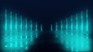 Karanlık bir arka plan ve yansıtıcı beton zemin üzerinde parlak renkli bir neon ışıklı figürün gelecekteki bilim kurgu soyutlaması. Modern lazer grunge. 3 boyutlu canlandırma. 4K.